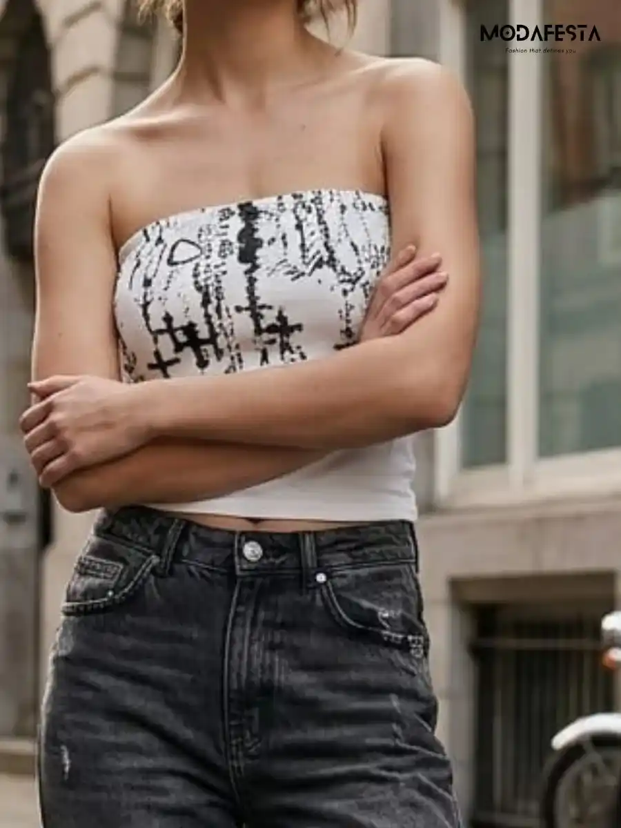 ModaFesta -elegant-abstract-printed-tube top-white